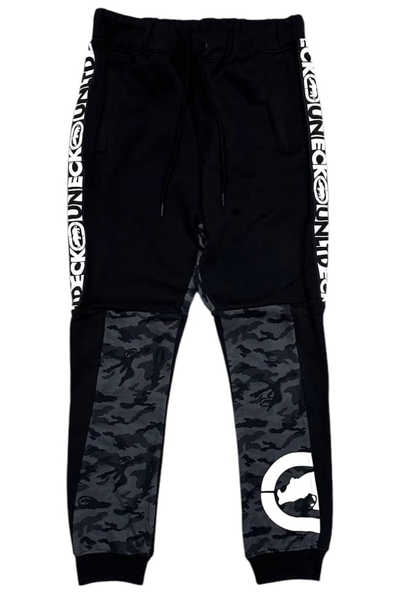Ecko Unltd Men's Sweatpants Camo Sidestrip Logo Fleece Jogger (X-Large, Black)