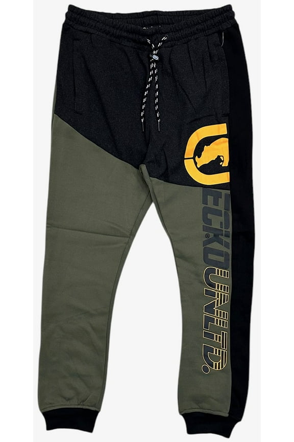 Ecko Unltd Men's Sweatpants Colorblock Puff Print Fleece Jogger (X-Large, Olive/Black Heather)