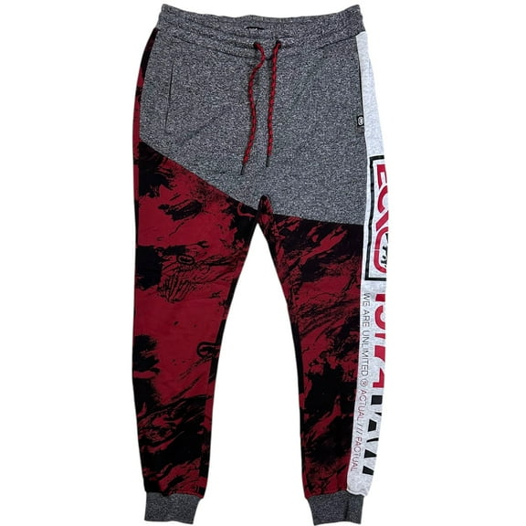 Ecko Unltd Men's Sweatpants Marble Coloblock Panel Stitched Fleece Jogger (Large, Black Marled/Red)