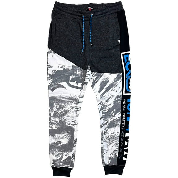 Ecko Unltd Men's Sweatpants Marble Coloblock Panel Stitched Fleece Jogger (Medium, Charcoal Heather/White)