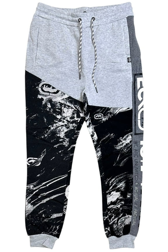 Ecko Unltd Men's Sweatpants Marble Coloblock Panel Stitched Fleece Jogger (Small, White Marled/Black)