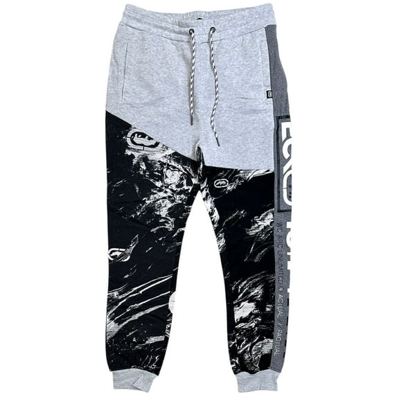 Ecko Unltd Men's Sweatpants Marble Coloblock Panel Stitched Fleece Jogger (X-Large, White Marled/Black)