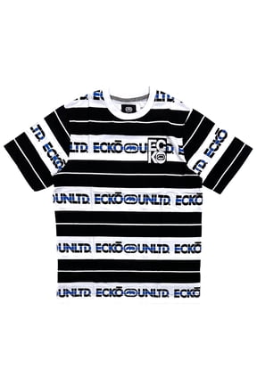 Ecko Unltd Men's T-Shirt All Over Logo Print Striped Short Sleeve Tee (Large, White/Black)