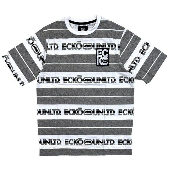 Ecko Unltd Men's T-Shirt All Over Logo Print Striped Short Sleeve Tee (Large, White/Grey Marled)