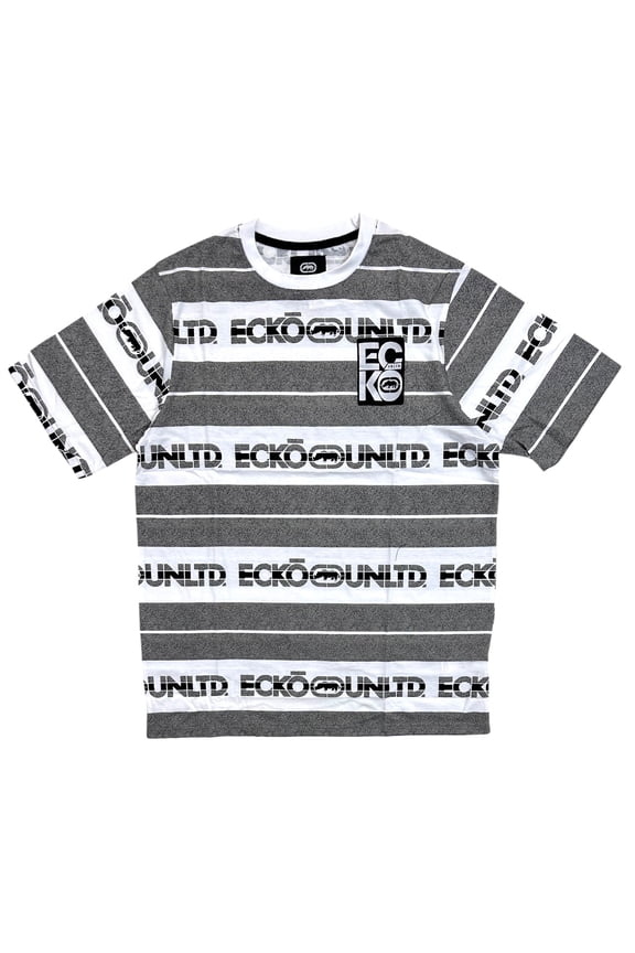 Ecko Unltd Men's T-Shirt All Over Logo Print Striped Short Sleeve Tee (Medium, White/Grey Marled)