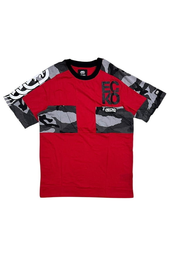 Ecko Unltd Men's T-Shirt Camo Print Colorblock Panel Stitched Short Sleeve Tee (Small, Red/Camo)