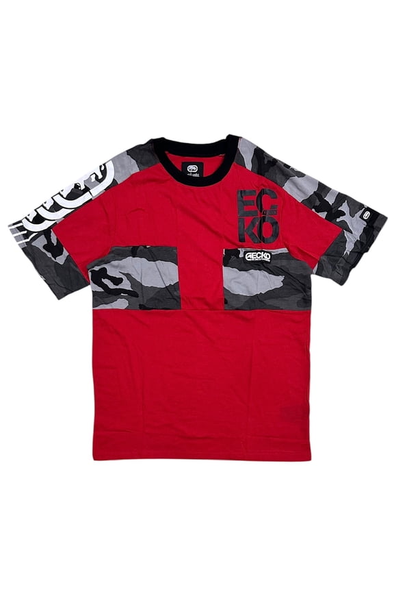 Ecko Unltd Men's T-Shirt Camo Print Colorblock Panel Stitched Short Sleeve Tee (X-Large, Red/Camo)