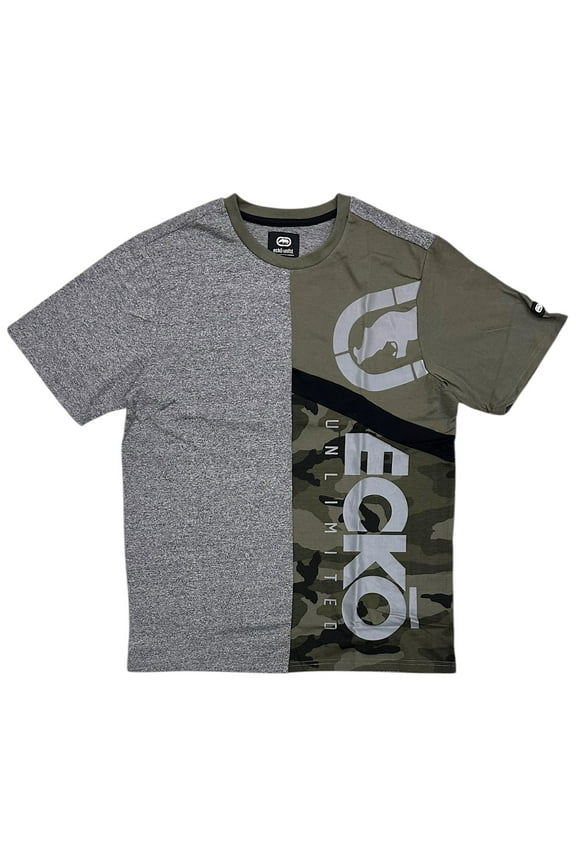 Ecko Unltd Men's T-Shirt Panel Stitched Camo Grey Heather Olive Short Sleeve Tee (XX-Large, Olive/Grey Heather)