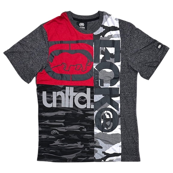Ecko Unltd Men's T-Shirt Panel Stitched Colorblock Puff Print Camo/Solid Tee (Medium, Black Marled)