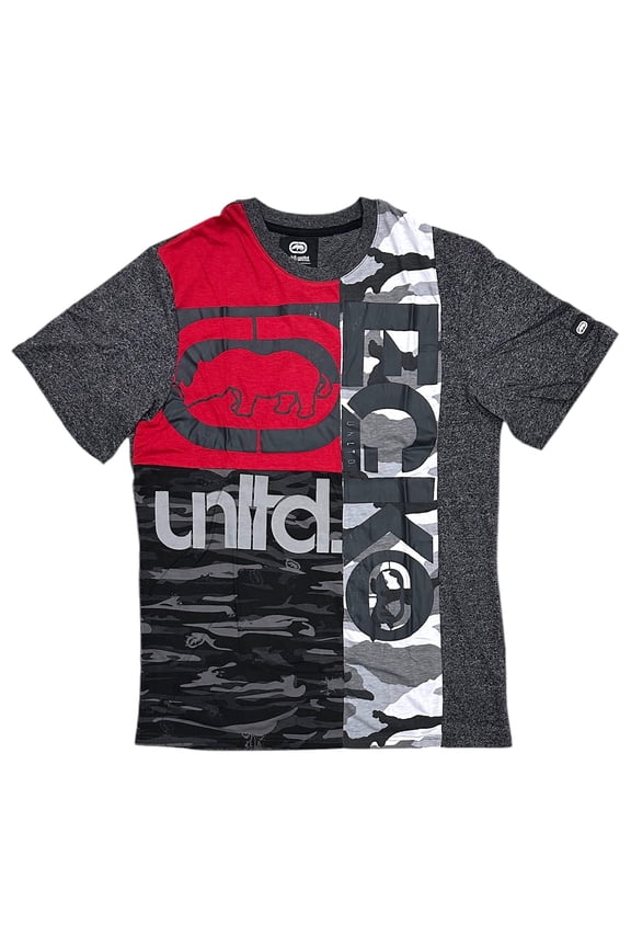 Ecko Unltd Men's T-Shirt Panel Stitched Colorblock Puff Print Camo/Solid Tee (Medium, Black Marled)