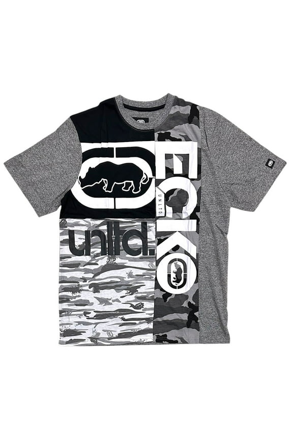 Ecko Unltd Men's T-Shirt Panel Stitched Colorblock Puff Print Camo/Solid Tee (X-Large, Grey Marled)