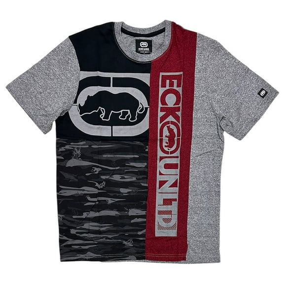 Ecko Unltd Men's T-Shirt Panel Stitched Puff Print Short Sleeve Crewneck Tee (Medium, Black/Red Marled)