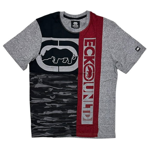 Ecko Unltd Men's T-Shirt Panel Stitched Puff Print Short Sleeve Crewneck Tee (Medium, Black/Red Marled)