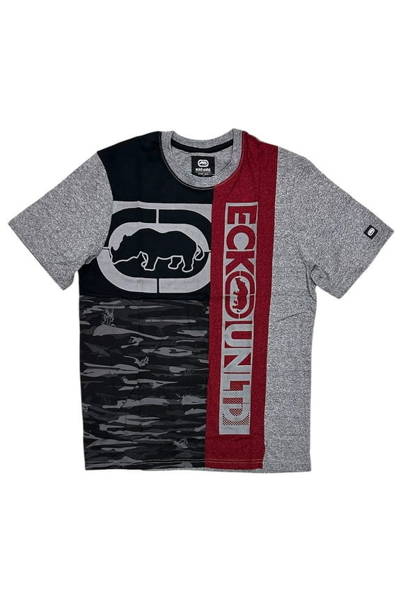 Ecko Unltd Men's T-Shirt Panel Stitched Puff Print Short Sleeve Crewneck Tee (XX-Large, Black/Red Marled)