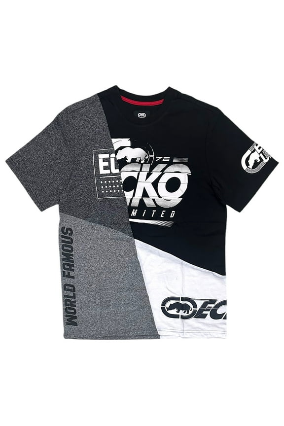 Ecko Unltd Men's T-Shirt Puff Print Colorblock Black/Heather Grey/White Tee (XXX-Large, Black)