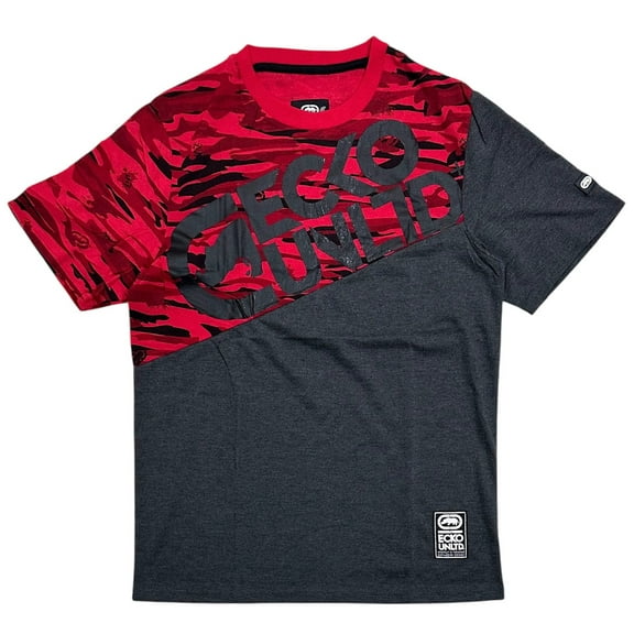 Ecko Unltd Men's T-Shirt Tiger Camo Stitch Colorblock Panel Short Sleeve Tee (Small, Charcoal Heather/Red)