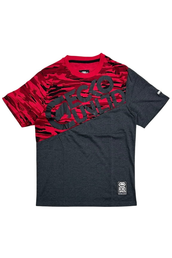 Ecko Unltd Men's T-Shirt Tiger Camo Stitch Colorblock Panel Short Sleeve Tee (Small, Charcoal Heather/Red)