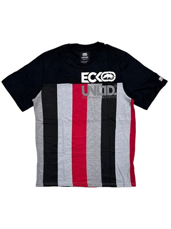 Ecko Unltd Men's T-Shirt Vertical Striped Print Puff Print Logo Short Sleeve Tee (Large, Black/Grey/Red)
