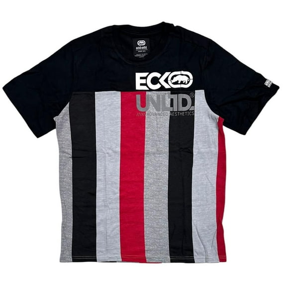 Ecko Unltd Men's T-Shirt Vertical Striped Print Puff Print Logo Short Sleeve Tee (X-Large, Black/Grey/Red)