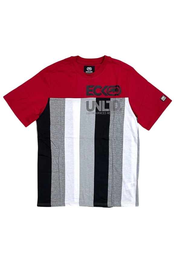 Ecko Unltd Men's T-Shirt Vertical Striped Print Puff Print Logo Short Sleeve Tee (X-Large, True Red)