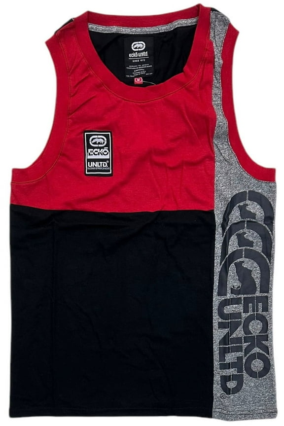 Ecko Unltd Men's Tank Top Marled Colorblock Panel Stitched Sleeveless T-Shirt (X-Large, Red/Black/Grey Marled)