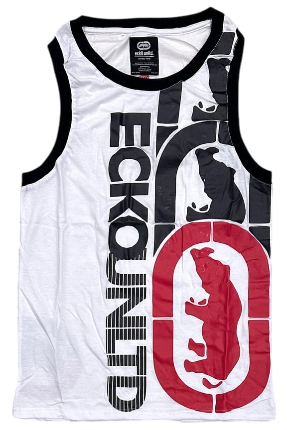 Ecko Unltd Men's Tank Top Puff Print Vertical Logo Sleeveless Tee T-Shirt (X-Large, White)