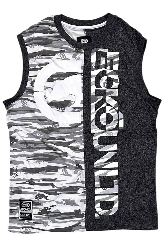 Ecko Unltd Men's Tank Top Split Panel Camo Puff Print Sleeveless Tee T-Shirt (Large, Black Heather)