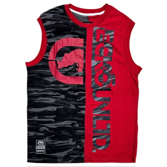 Ecko Unltd Men's Tank Top Split Panel Camo Puff Print Sleeveless Tee T-Shirt (Medium, Red)
