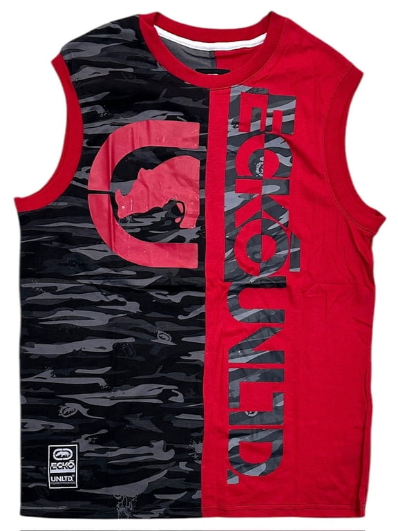 Ecko Unltd Men's Tank Top Split Panel Camo Puff Print Sleeveless Tee T-Shirt (X-Large, Red)