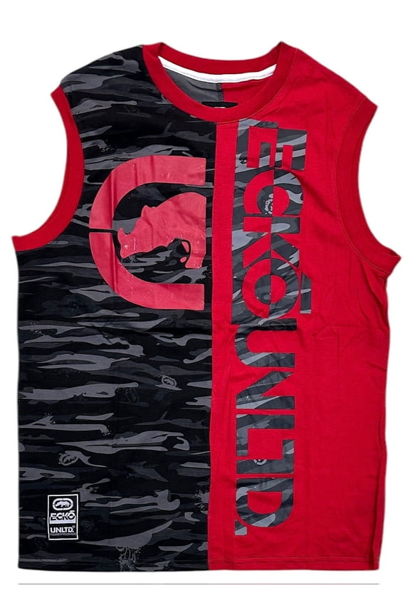 Ecko Unltd Men's Tank Top Split Panel Camo Puff Print Sleeveless Tee T-Shirt (X-Large, Red)