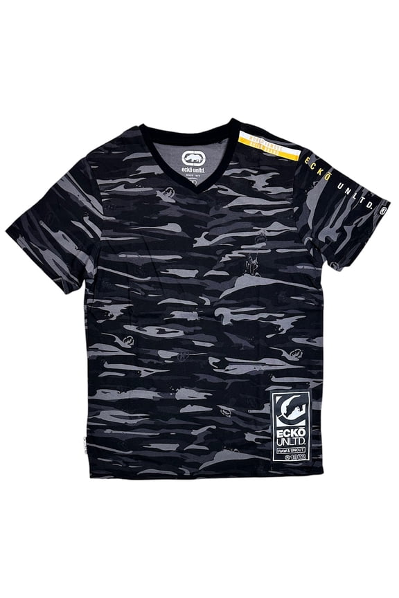 Ecko Unltd Men's V-Neck T-Shirt Black Camo Tee (Small, Black Camo)