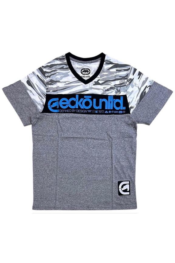 Ecko Unltd Men's V-Neck T-Shirt Camo Stitched Colorblock Panels Short Sleeve Tee (X-Large, Grey Marled)