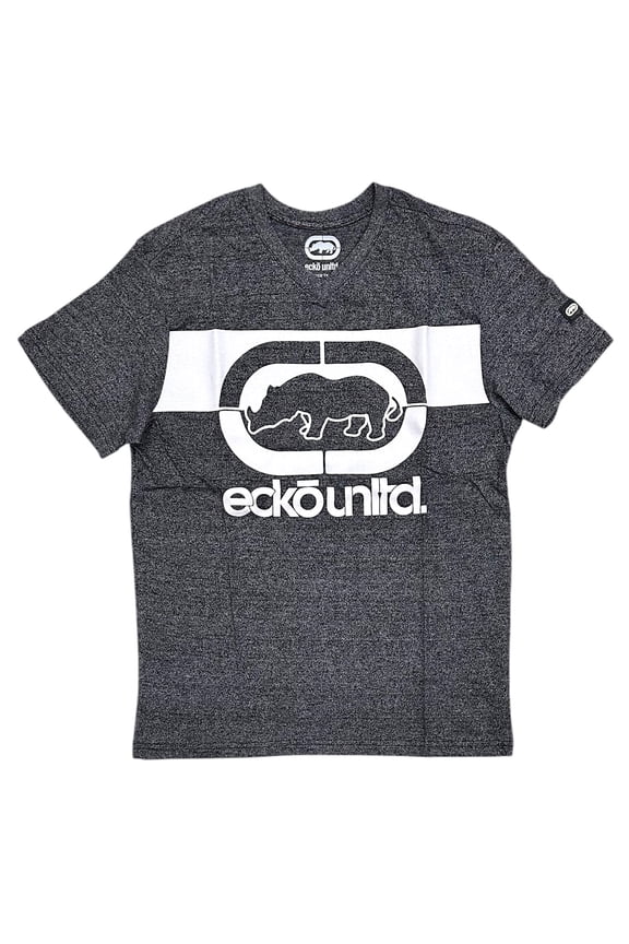 Ecko Unltd Men's V-Neck T-Shirt Classic Puff Print Logo Black Short Sleeve Tee (X-Large, Black Marled)