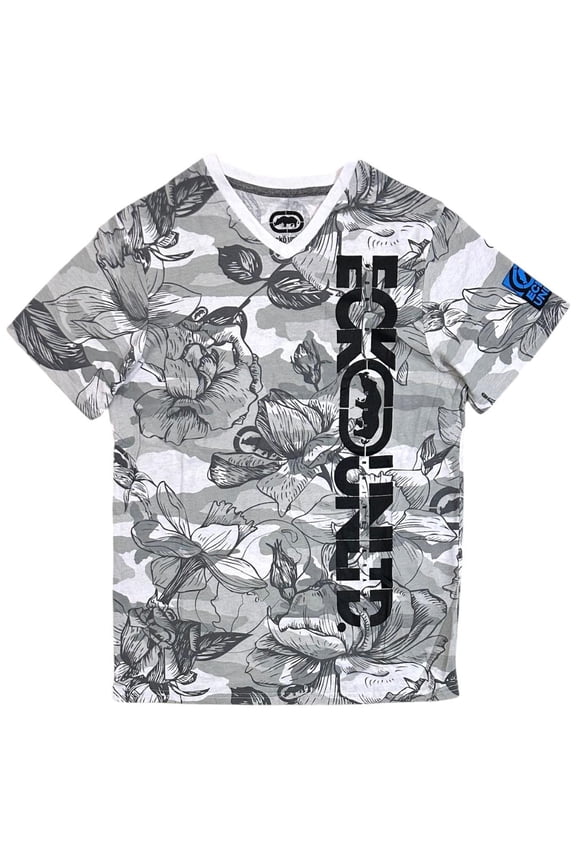 Ecko Unltd Men's V-Neck T-Shirt Hawaiian Tropical Floral Short Sleeve Tee (Large, White Camo)