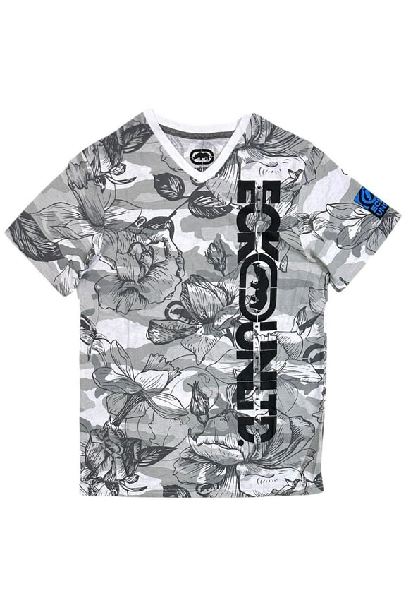 Ecko Unltd Men's V-Neck T-Shirt Hawaiian Tropical Floral Short Sleeve Tee (Medium, White Camo)