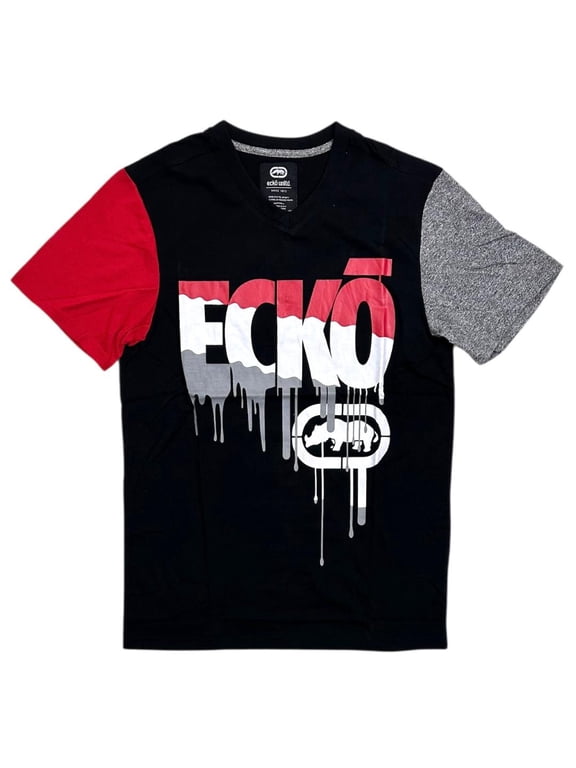 Ecko Unltd Men's V-Neck T-Shirt Paint Drip Puff Print Colorblock Tee (Large, Black)