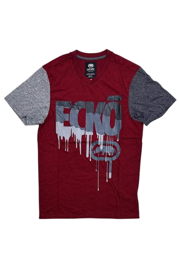 Ecko Unltd Men's V-Neck T-Shirt Paint Drip Puff Print Colorblock Tee (Large, Red Marled)