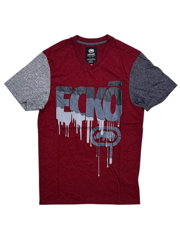 Ecko Unltd Men's V-Neck T-Shirt Paint Drip Puff Print Colorblock Tee (Large, Red Marled)