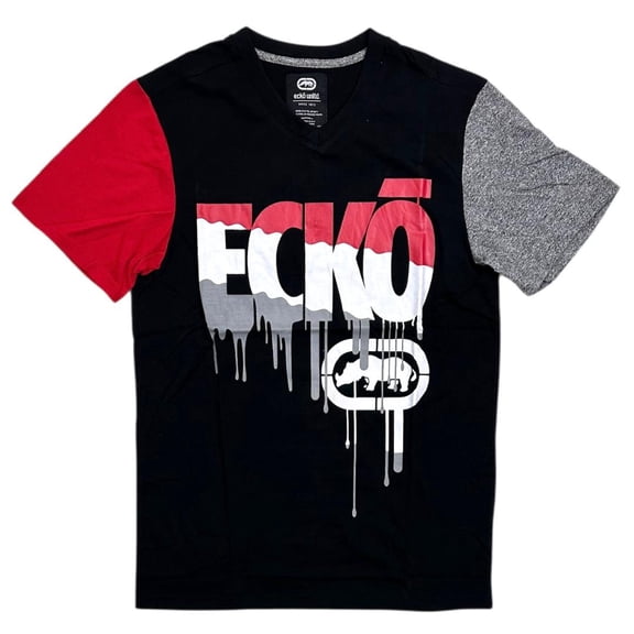 Ecko Unltd Men's V-Neck T-Shirt Paint Drip Puff Print Colorblock Tee (Medium, Black)