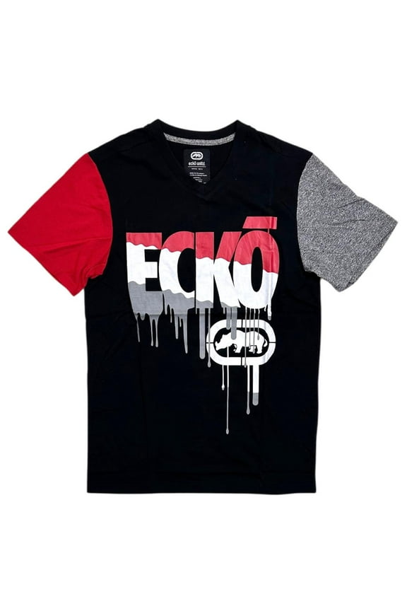 Ecko Unltd Men's V-Neck T-Shirt Paint Drip Puff Print Colorblock Tee (Small, Black)