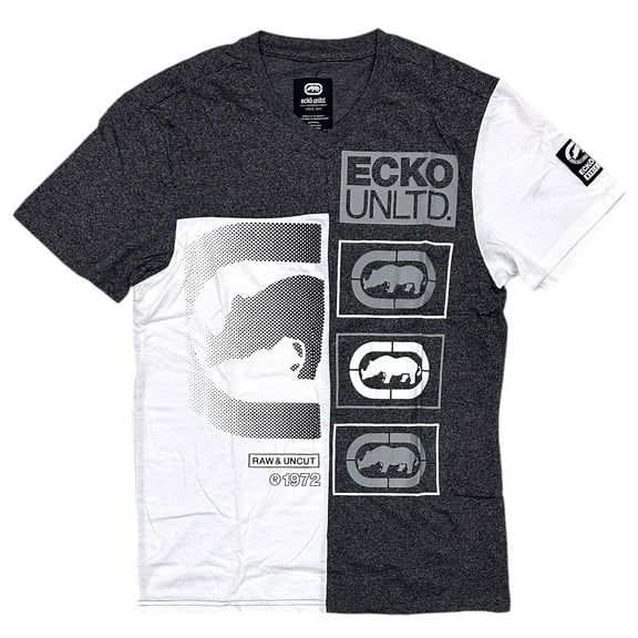 Ecko Unltd Men's V-Neck T-Shirt Puff Print Colorblock Heather Grey/White Tee (X-Large, Heather Grey/White)