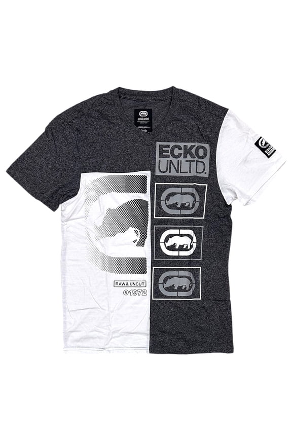 Ecko Unltd Men's V-Neck T-Shirt Puff Print Colorblock Heather Grey/White Tee (X-Large, Heather Grey/White)