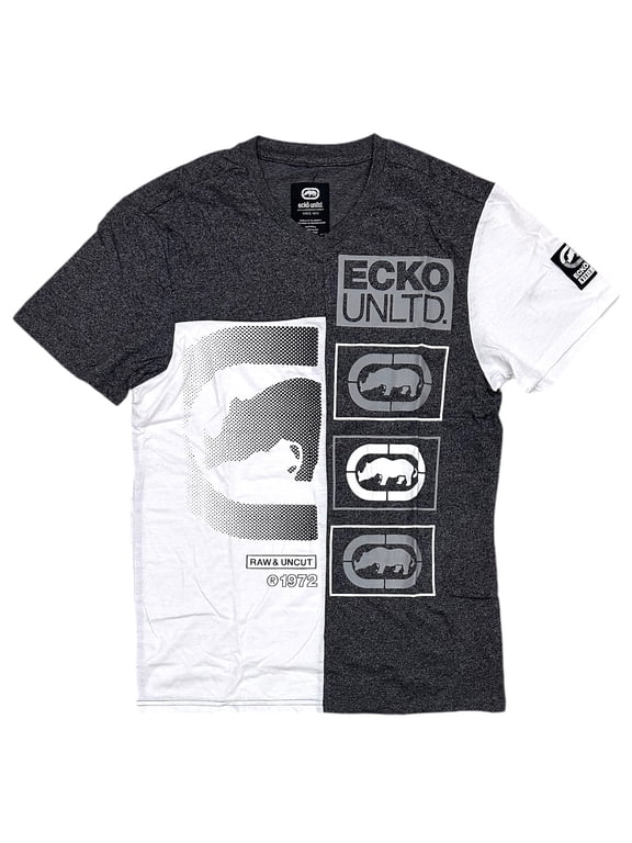 Ecko Unltd Men's V-Neck T-Shirt Puff Print Colorblock Heather Grey/White Tee (XXX-Large, Heather Grey/White)