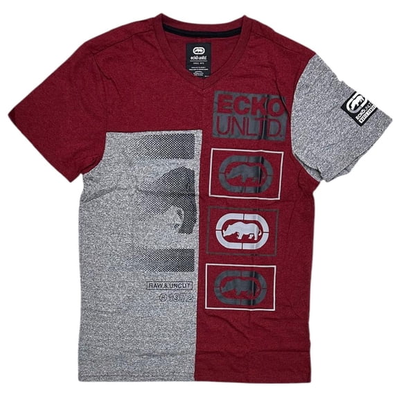Ecko Unltd Men's V-Neck T-Shirt Puff Print Colorblock Heather Grey/White Tee (XXX-Large, True Red Marled)