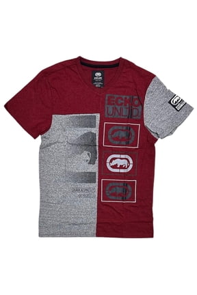 Ecko Unltd Men's V-Neck T-Shirt Puff Print Colorblock Heather Grey/White Tee (XXX-Large, True Red Marled)