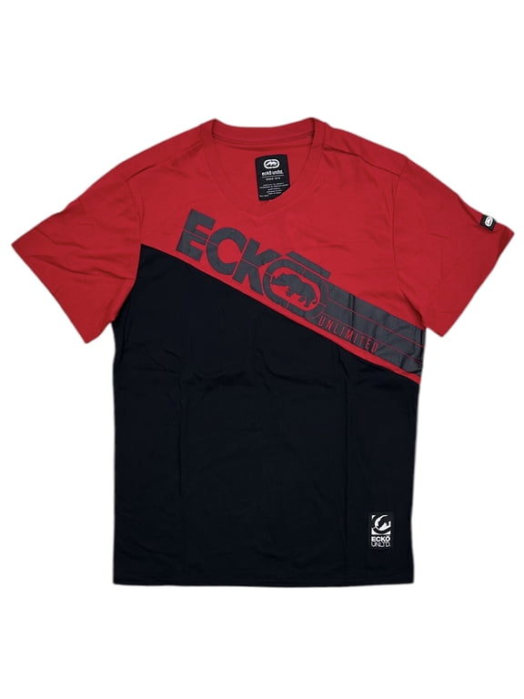 Ecko Unltd Men's V-Neck T-Shirt Puff Print Colorblock True Red/Black Tee (X-Large, True Red/Black)