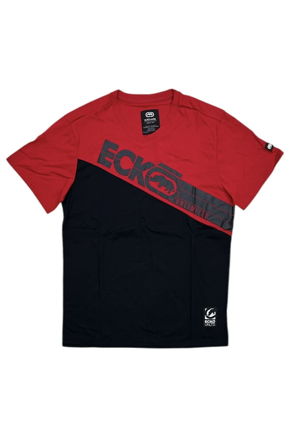 Ecko Unltd Men's V-Neck T-Shirt Puff Print Colorblock True Red/Black Tee (XXX-Large, True Red/Black)