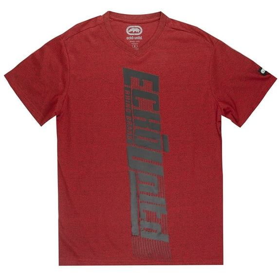 Ecko Unltd Men's V-Neck T-Shirt Puff Print Vertical Logo Short Sleeve Tee (X-Large, Red Marled)