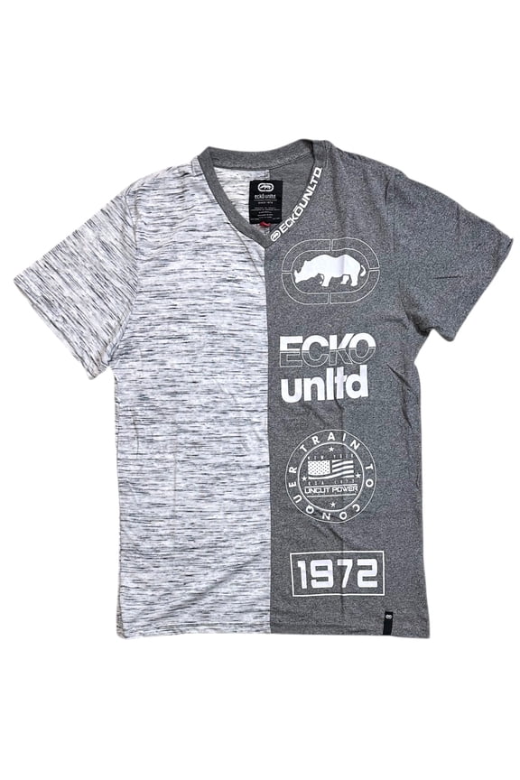 Ecko Unltd Men's V-Neck T-Shirt Split Panel Tee (Large, White Spacedye)