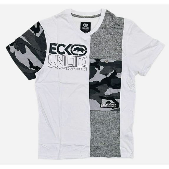 Ecko Unltd Men's V-Neck T-Shirt Stitched Colorblock Camo/Solid Pocket Tee (Medium, White)